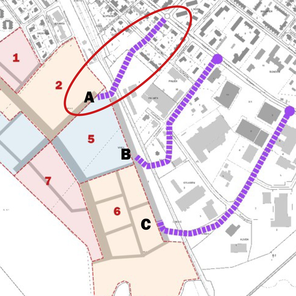 Karta över samhället där tre alternativ till passage är utritade