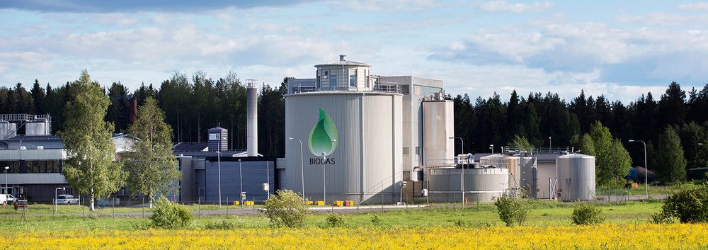 Bild på en biogasanläggning med en sommaräng med gula blommor i förgrunden. På en av cisternerna står det "biogas".