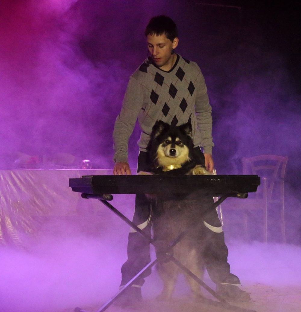 En av deltagarna spelar keyboard tillsammans med hunden Chira.