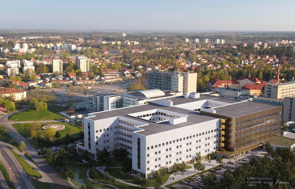 Visionsbild av nya akutsjukhuset i Västerås, flygbild.