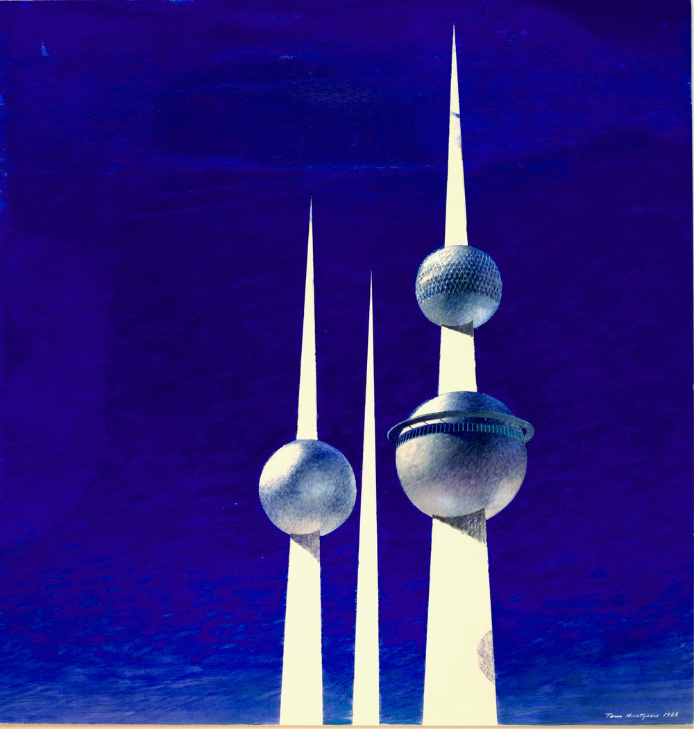 En av alla unika ritningar som visas från ArkDes egen samling när museet återöppnar.  Björn, Malene, (1914-2016) arkitekt VBB (Illustratör Tom Hultgren). Sune Lindström (1906-1989), arkitekt VBB. Vattentorn i Kuwait, Kuwait, byggt 1970-76. 