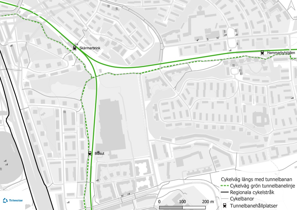Karta som visar hur du kan cykla mellan stationerna i Stockholms tunnelbanenät. Inzoomat på tre stationer.