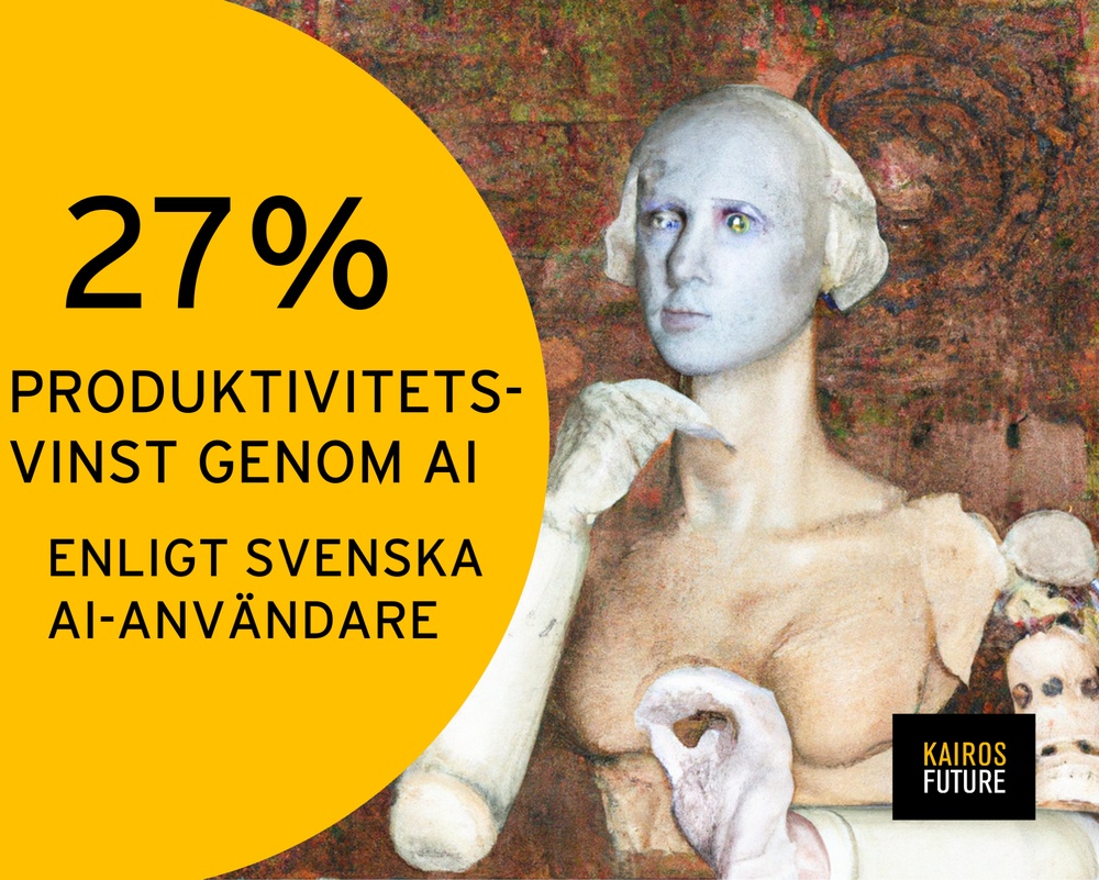 An AI-generated picture of a hybrid between statue, robot and human with text "27% produktivitetsvinst genom AI enligt svenska AI-användare"