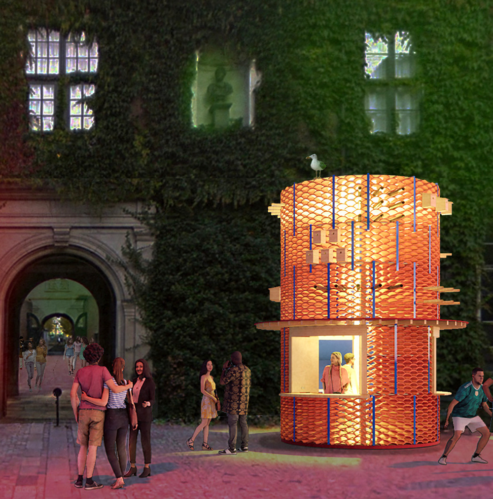 A cylindrical architectural pavilion with an opening that accomodates a bar.