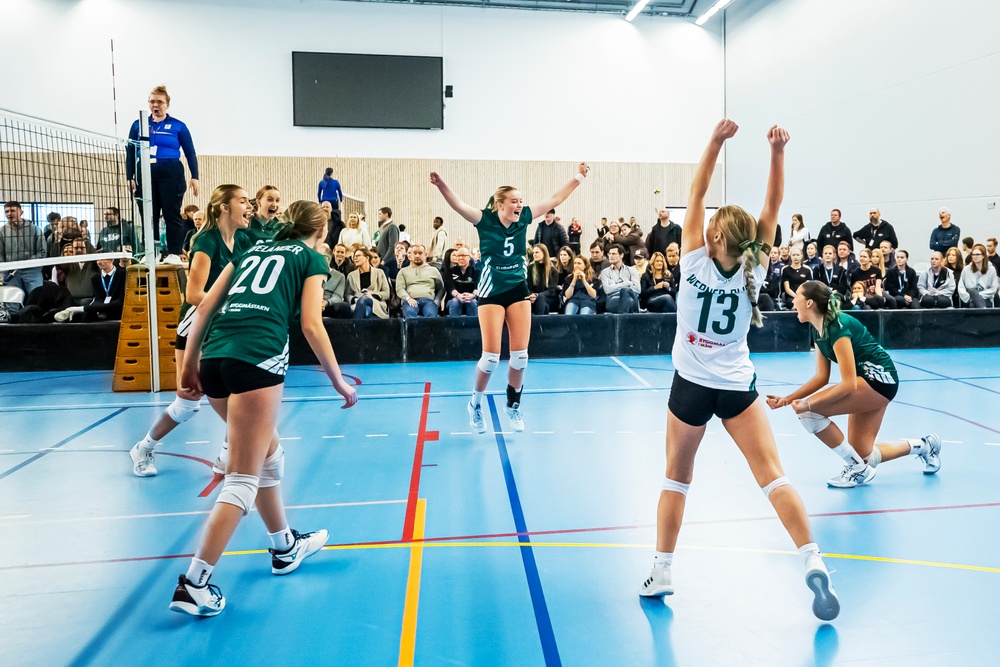 Volleybollspelare glada efter vinst.