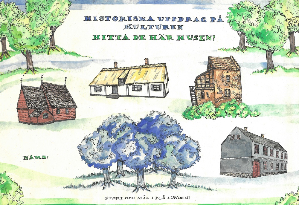 Illustration av Olle Ekström/Kulturen. Alla barnen som deltar får den här kartan/illustrationen med uppdraget att hitta till husen på bilden, där volontärer möter dem och hjälper dem att slutföra uppdraget.  