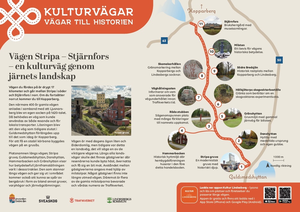 Karta över vägen Stripa-Stjärnfors. En kulturväg genom järnets landskap.