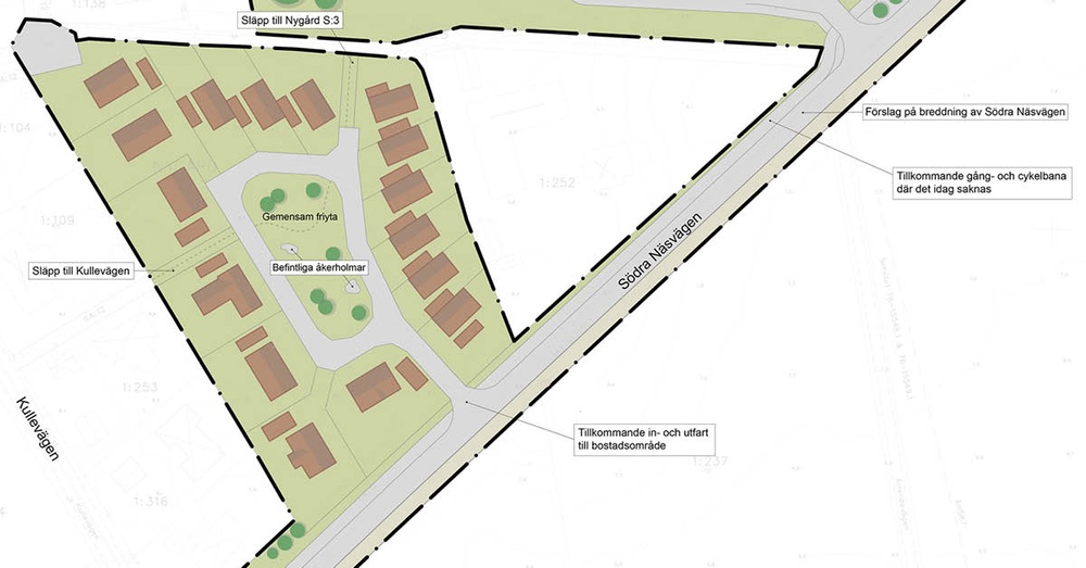 Illustrationskarta över området Nygårds Äng där Derome planerar bygga 16 nya bostäder. 