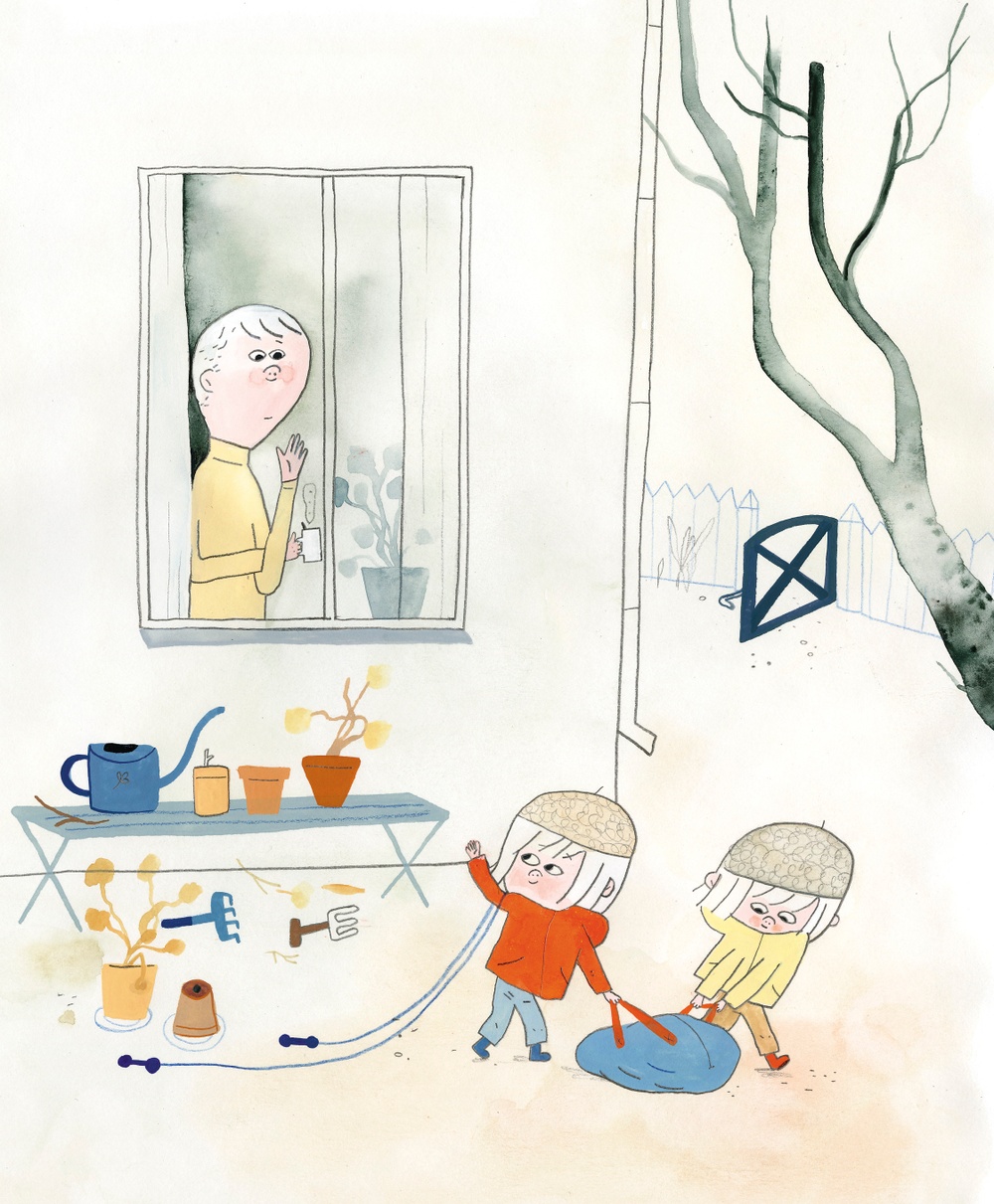 Illustration av Emma AdBåge till boken Utflyktarn, 2016
Två barn går på utflykt 