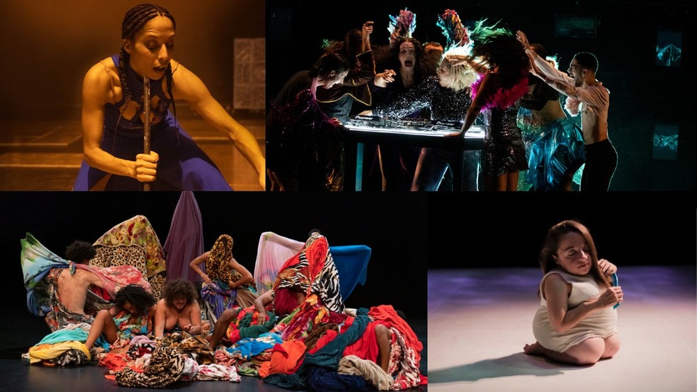 Collage med fyra av höstens föreställningar: Ligia Lewis, Josépha Madoki, Lia Rodrigues och Chiara Bersani. 