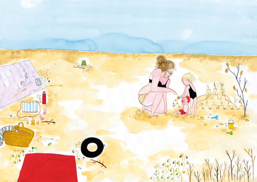 Illustration av Emma AdBåge till boken Vi hittar Smulbert, 2009
Vuxen och barn på stranden