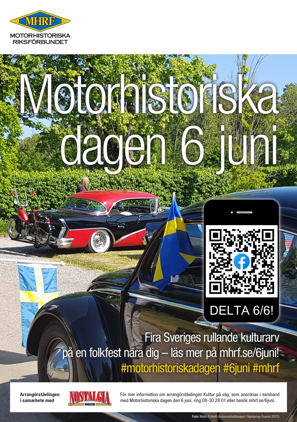 Motorhistoriska dagen-affisch för 2024. Bilden visar fjolårets vinnarevenemang i samband med Automobilsällskapet i Nyköpings firande.