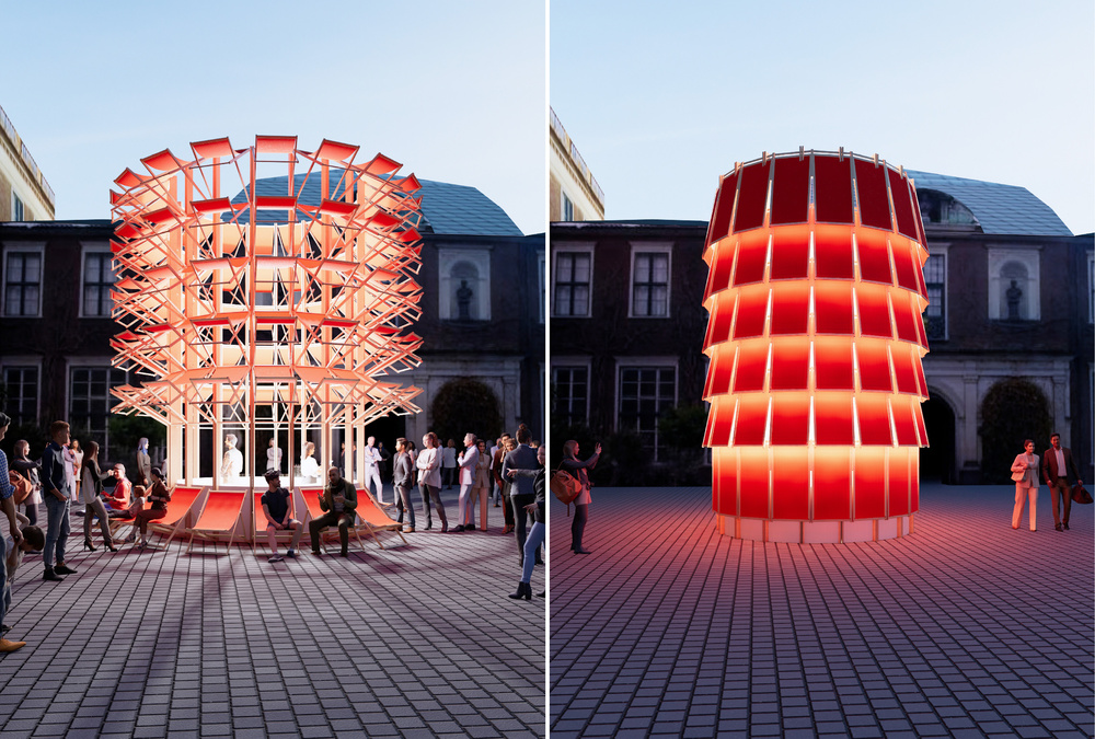 An architeural pavilion shown at daytime and at night, with bright red shutters that are oipen or closed.