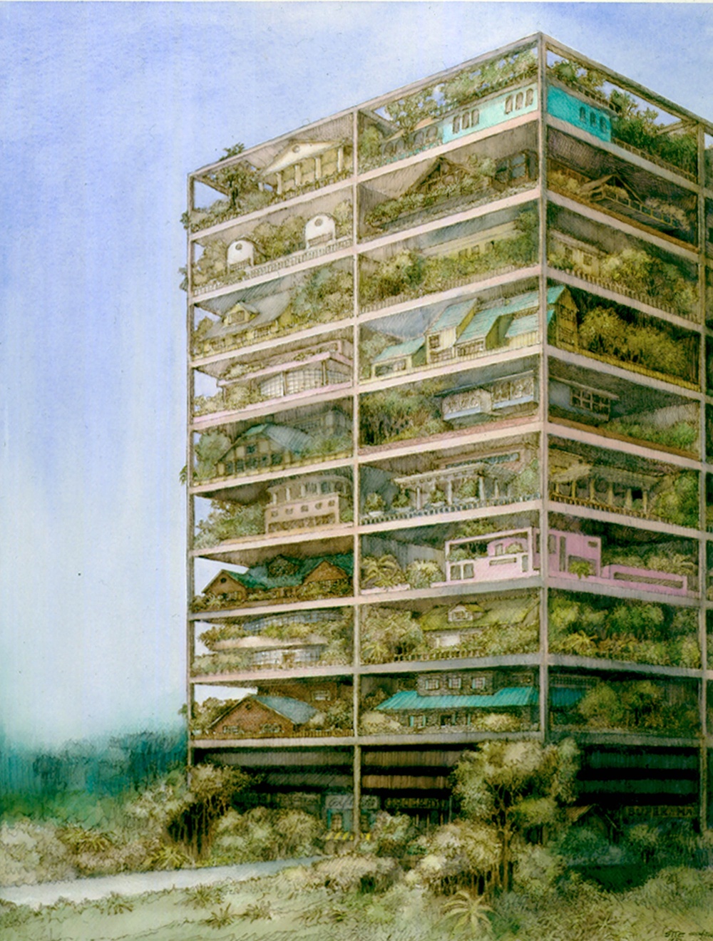 James Wines, Drawing of the Highrise of Homes (theoretical project), 1981, Collection Jonathan Holtzman  © James Wines
