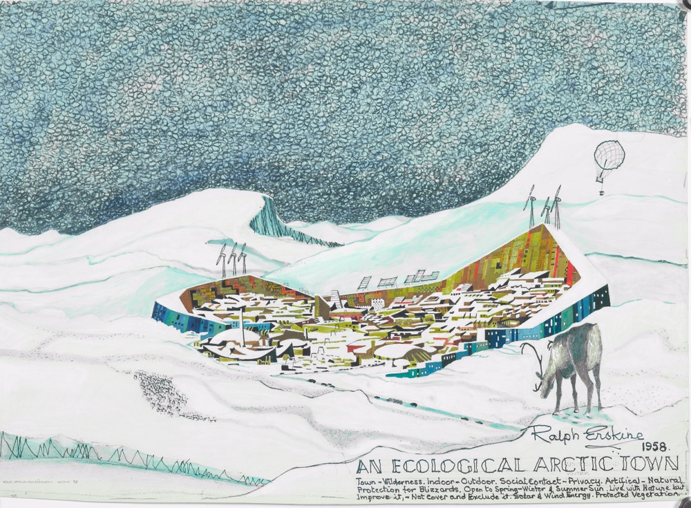 Ralph Erskine, architect
Lars Harald Westman, illustrator
An Ecological Arctic Town, 1958
Gouache and pencil on print
ArkDes Collections
