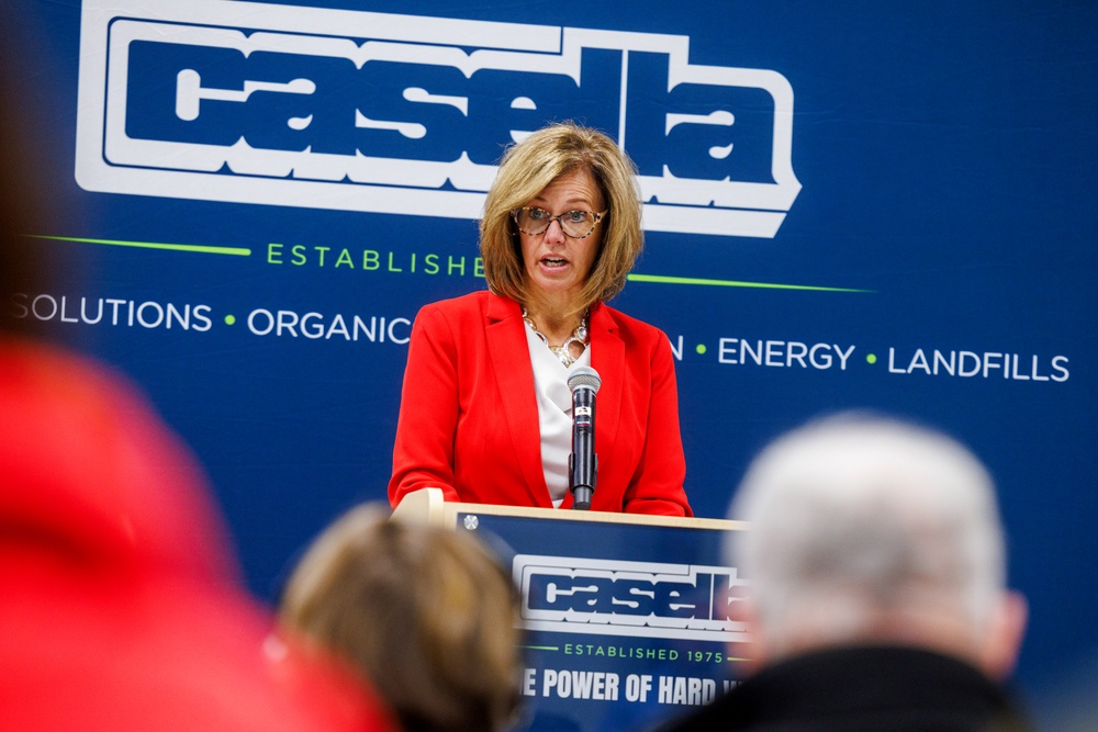 Vermont’s Agency of Commerce and Community Development Secretary, Lindsay Kurrle, provides remarks at the dedication of the Kenneth A. Hier Sr. CDL Training Center.