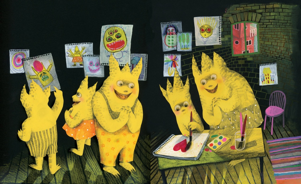 Bild av Lotta Geffenblad ur boken "Vi är monsterbarn" (2020). Gula monster tittar på teckningar och målar egna bilder. 