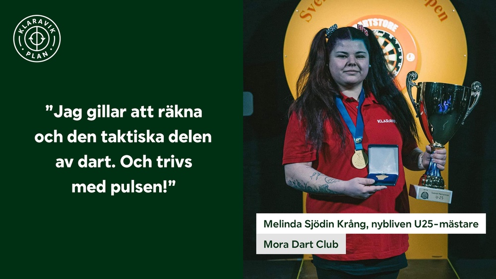 En riktig fullträff! Melinda Sjödin Krång är Mora Dart Clubs första svenska mästare. Föreningen tilldelades 2022 sponsring genom Klaravik Plan för sin drivkraft att få den inkluderande sporten att växa i Mora.