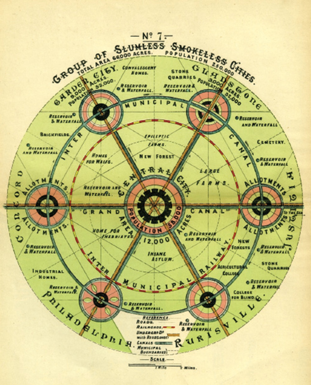 Ebenezer Howard, “Social Cities” diagram of a cluster of towns using the Garden City concept, published in his book "To-Morrow: A Peaceful Path to Real Reform", 1898 © Town and Country Planning Association
