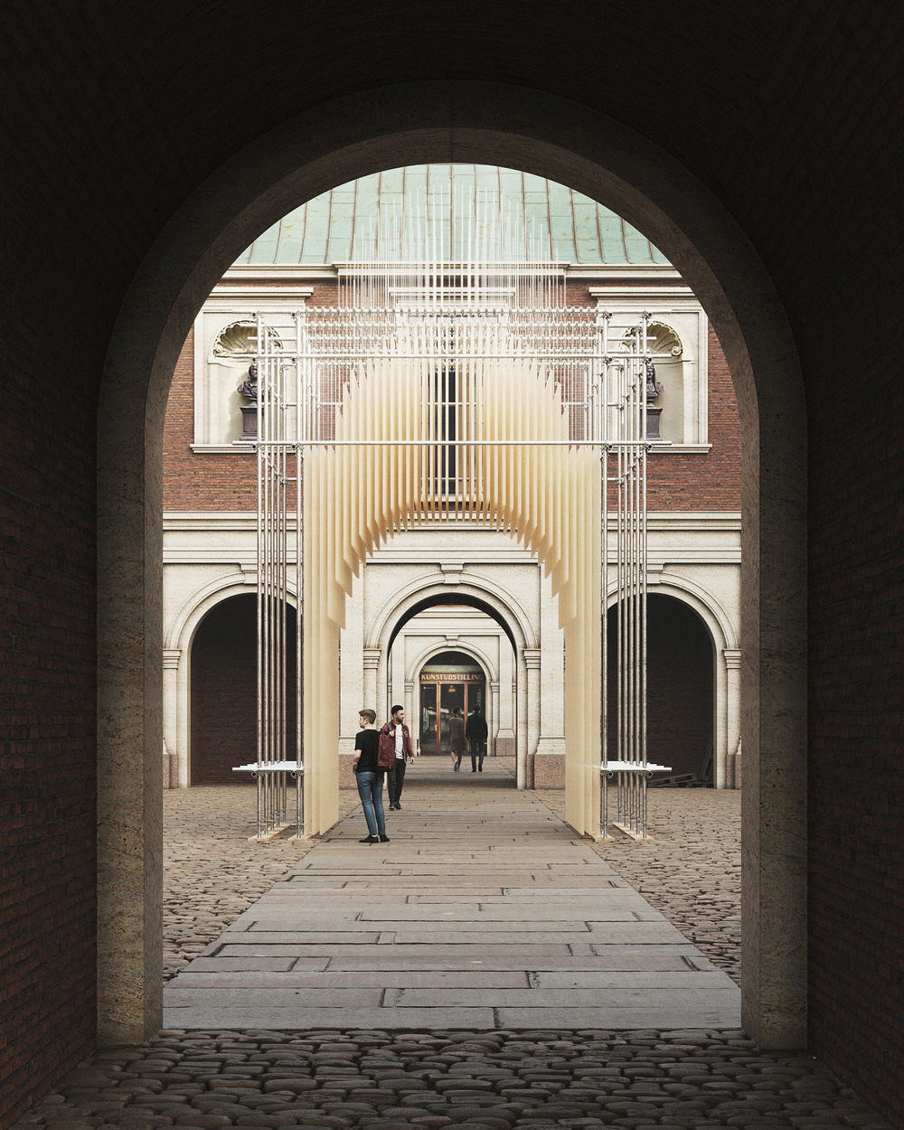 A series of arches form an architectural pavilion in the courtyard of an historic buliding.