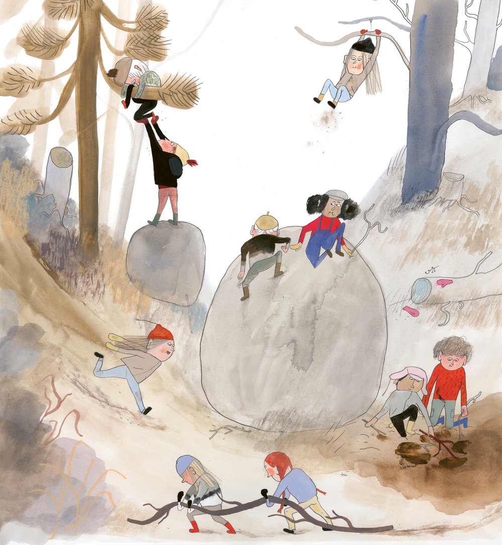 Illustration av Emma AdBåge till boken Gropen, 2018.
Barn leker i en grop, vuxna tittar på. 