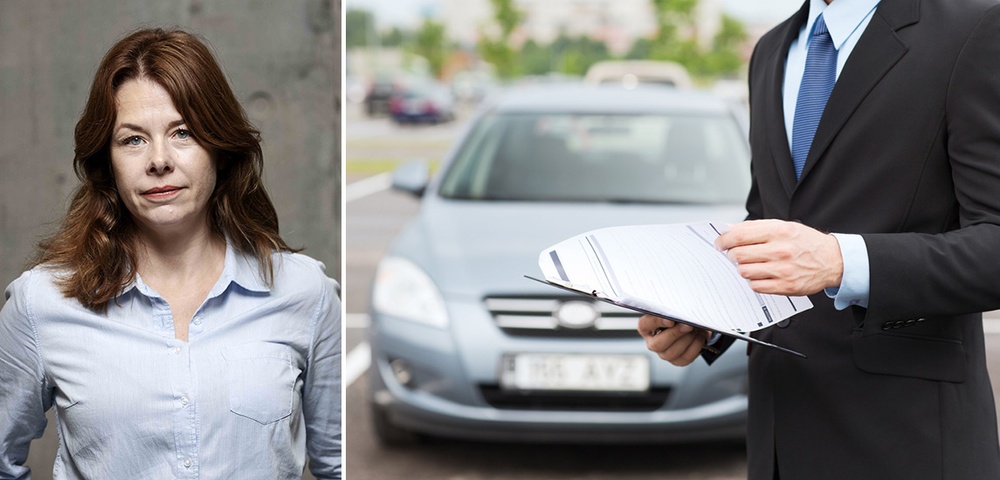 Bild på konsumentvägledaren Christine Fransholm och en försäljare av begagnade bilar.