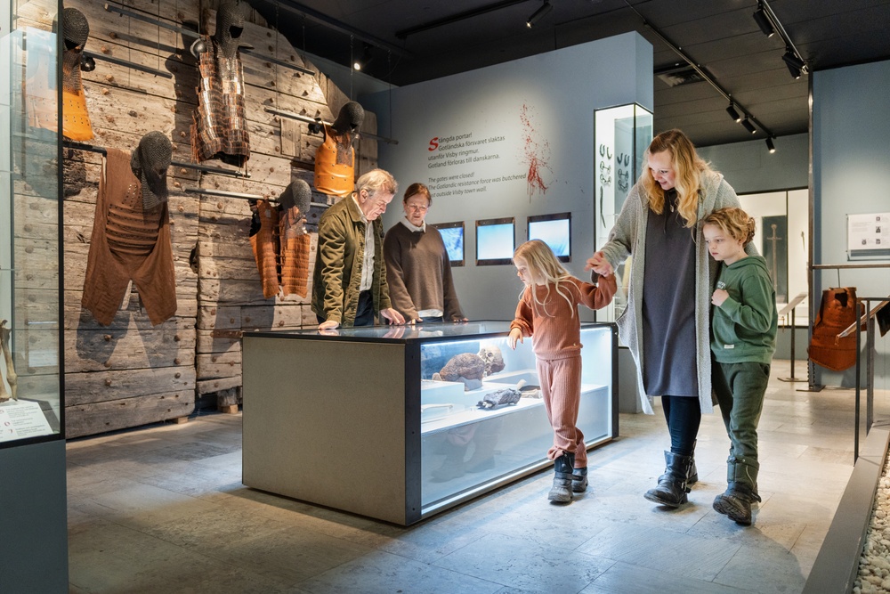 Tre vuxa och två barn på ett museum. De tittar ner i en museimonter. 