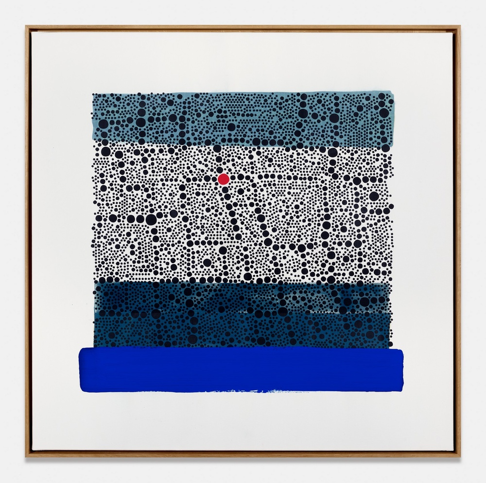 An abstract painting by David Elia conposed of tiny colorful dots and grids and a stripe of Yves Klein Blue at the bottom.