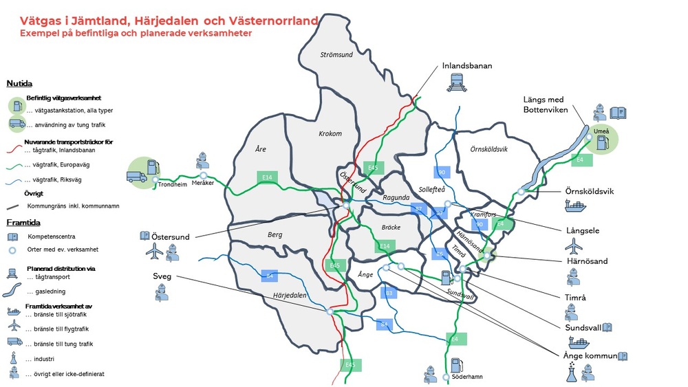 En karta över Jämtland och Västernorrland med befintliga och planerade vätgassatsningar utmarkerade. 