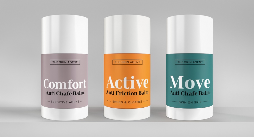 Highres version of alla Personal Comfort product from The Skin Agent. Comfort Anti Chafe Balm, Active Anti Friction Balm och Move Anti Chafe Balm. 