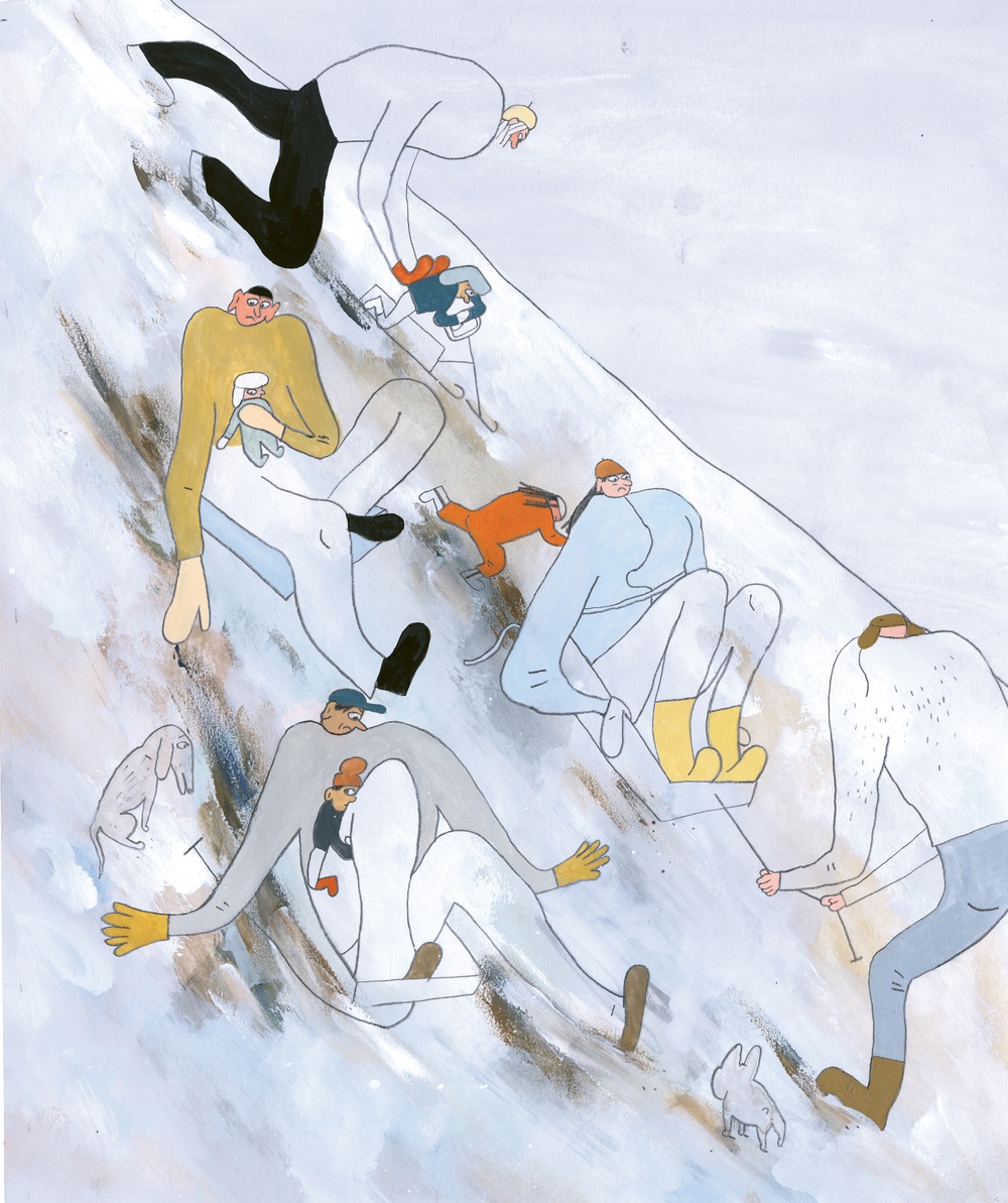 Illustration av Emma AdBåge till boken Naturen, 2020.
Människor tumlar runt i snön