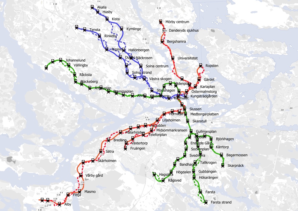 Digital karta som visar hur du kan cykla mellan stationerna i Stockholms tunnelbana. Hela tunnelbanenätet.