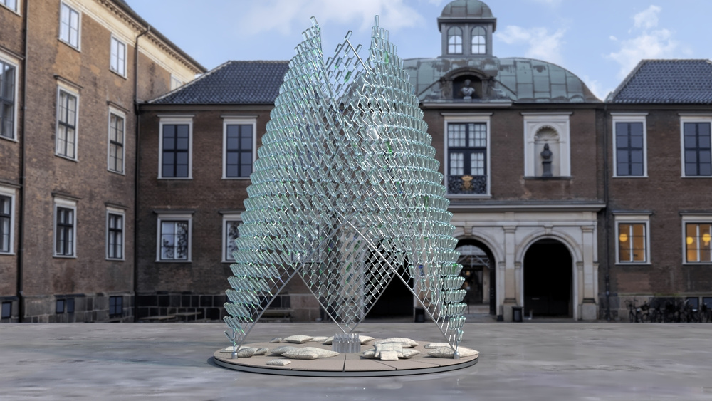 A transparent architectural pavilion in the courtyard of an historic building.