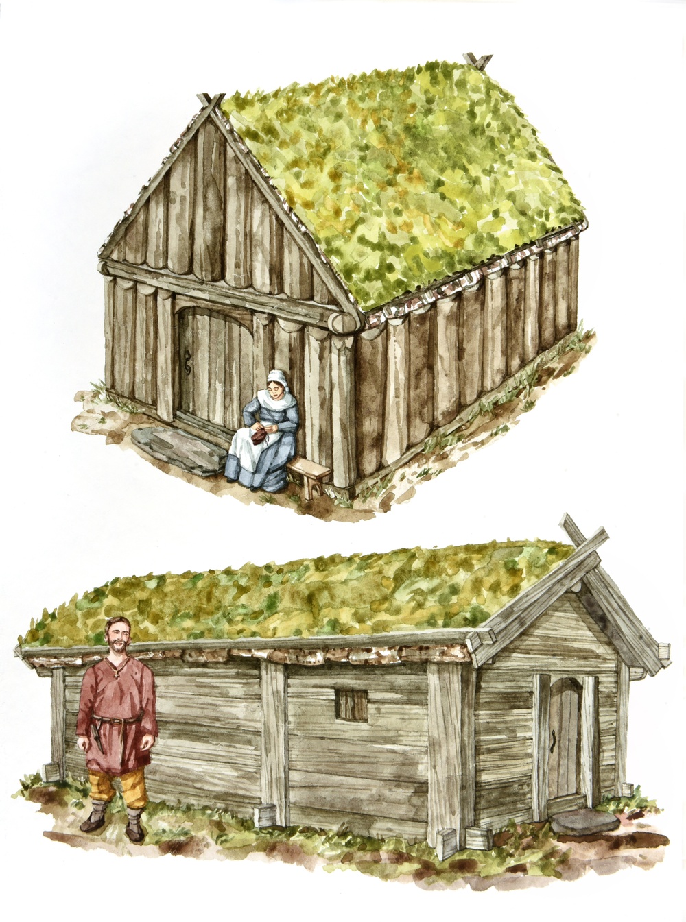 Överst: Hus byggt i resvirkesteknik. 
Nederst: Hus byggt i skiftesverk.
Akvarell av Olle Ekström.  
