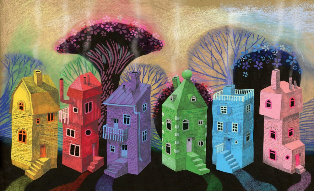 Bild av Lotta Geffenblad ur boken "Vi är monsterbarn" (2020). Sex hus i regnbågens färger.   