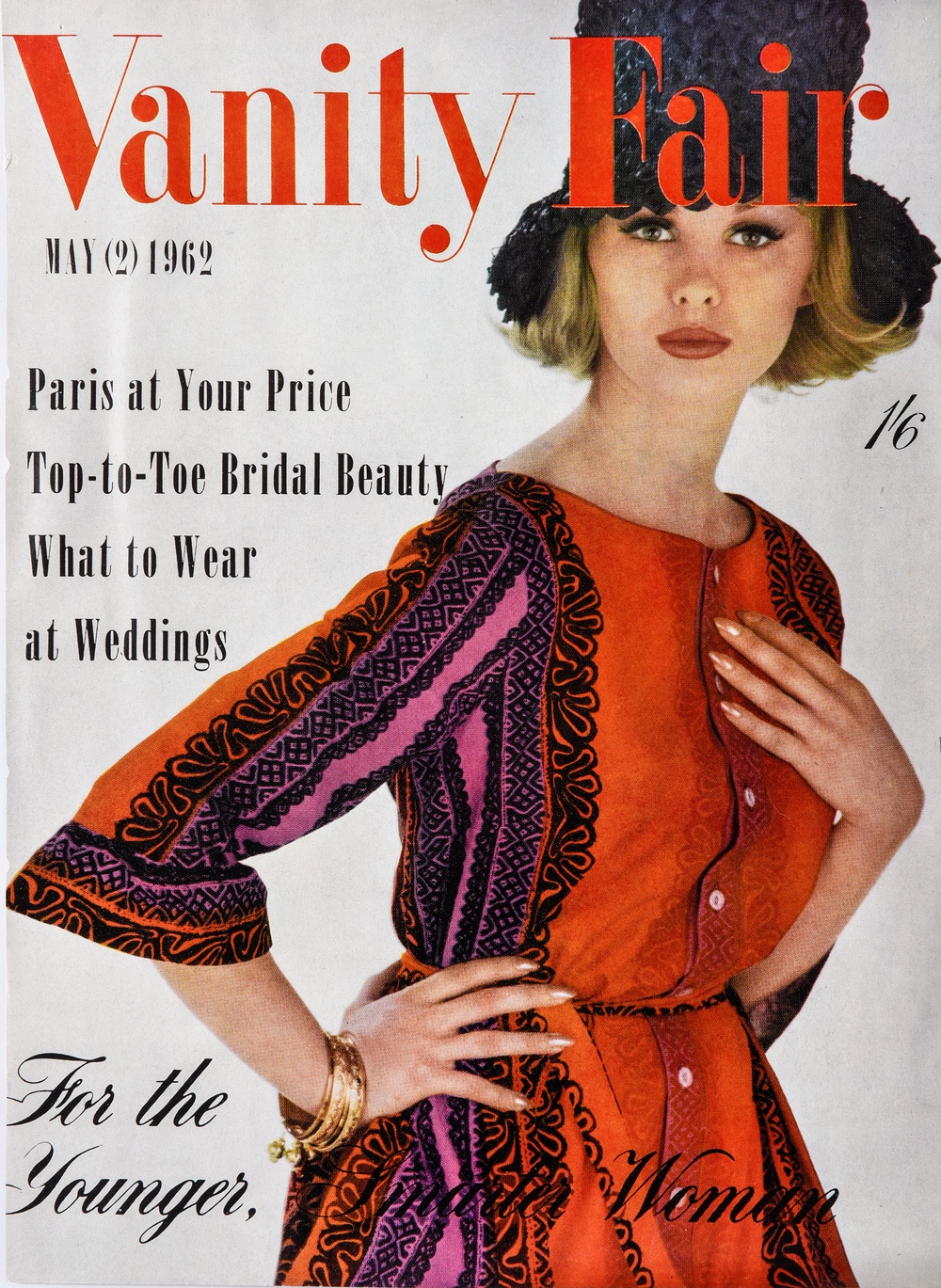 Vanity Fair-omslag från 1962 med Katja of Sweden-designad klänning. Klänningens tyg, KÄSPAIKKA, är designat av Maija Isola för Marimekko. Foto: Viveca Ohlsson/Kulturen