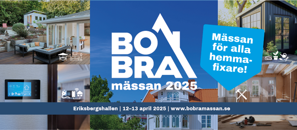 Banner med BoBra Mässans områden - inredning, renovering, trädgård och smarta hem.