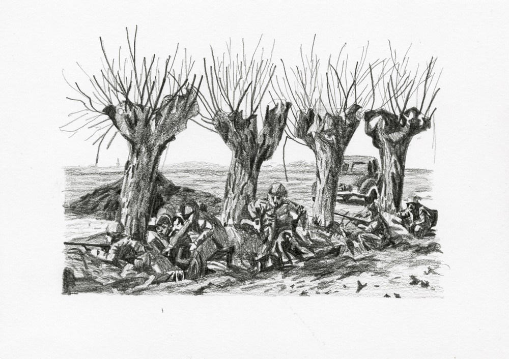 Blyertsteckning av Hugo Hernqvist föreställande pilar och soldater vid en vägkant