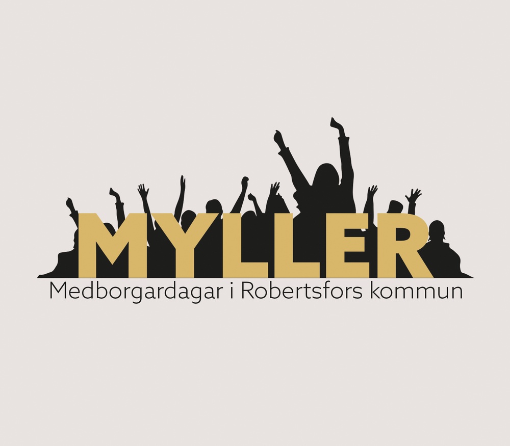 Logga Gul text Myller på grå bakgrund med siluett av människor med uppsträcka händer.