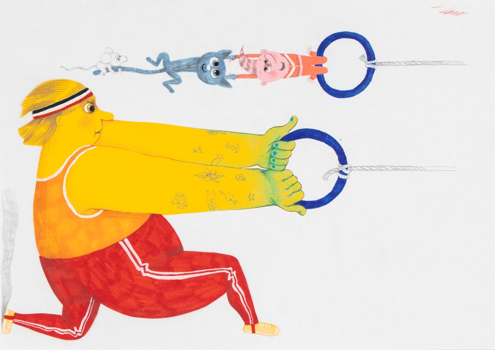 Originalillustration av Lotta Geffenblad till boken "Tora och Tytte motionerar" (2023). Tora och Tytte hänger i romerska ringar. 