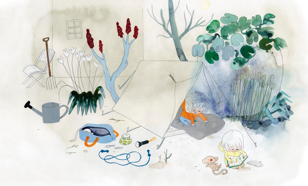Illustration av Emma AdBåge ur Uflyktarna, 2016.
Två barn som tältar