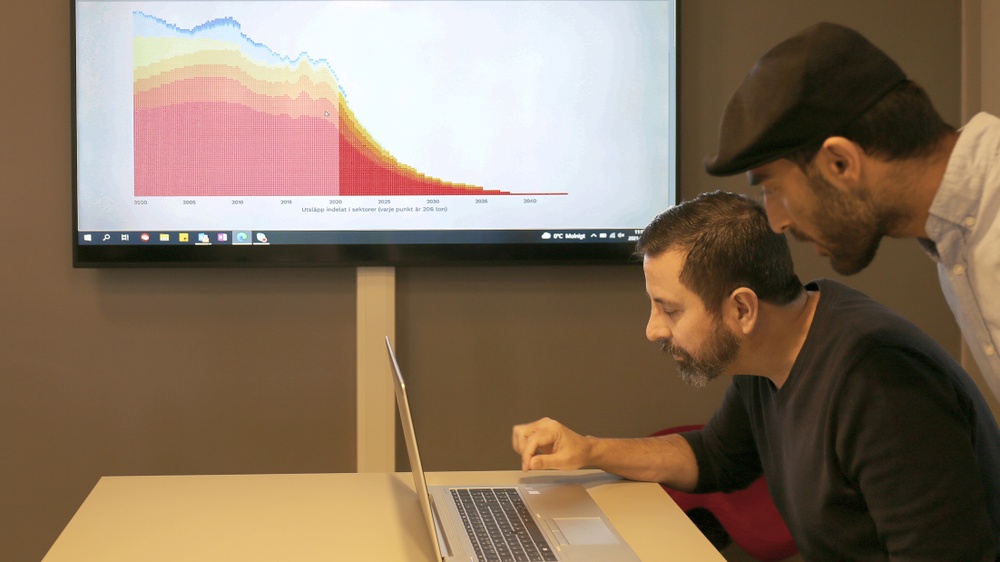 Miljöstrateg Abbe Sahli och energi- och klimatrådgivare Raéd Alwan studerar Skaras koldioxidbudget.