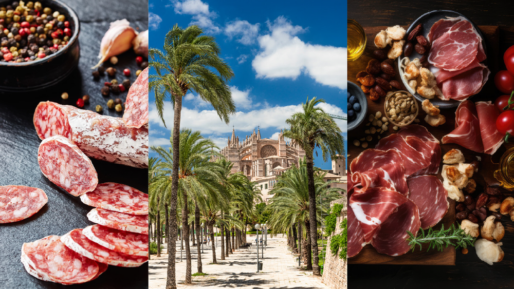 Uppskuren fuet salami från spanien och smakrika delikatesser från soliga Mallorca