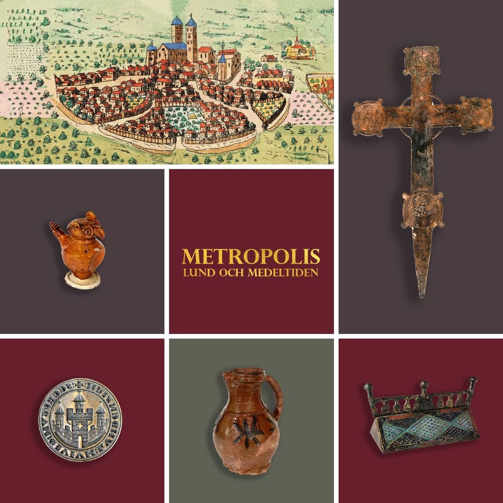 Collage. Bilden av Lund i överst till vänster är ett kopparstick från 1580-talet, den äldsta kända bilden av Lund. Föremålen på bilderna visas i utställningen. 
