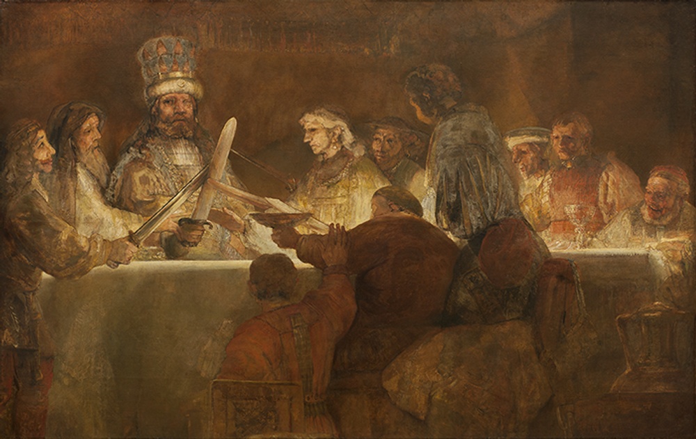 Rembrandt Harmenszoon van Rijn, 1606 – 1669. Batavernas trohetsed till Claudius Civilis 1661 –1662, olja på duk. Sedan år 1798 är Kungl. Akademien för de fria konsterna ägare till konstverket. Foto: Leif Mattsson.