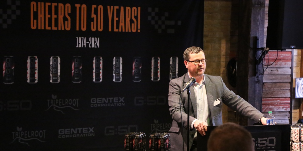 Gentex President and CEO Steve Downing speaking at the Cheers to 50 Years event.