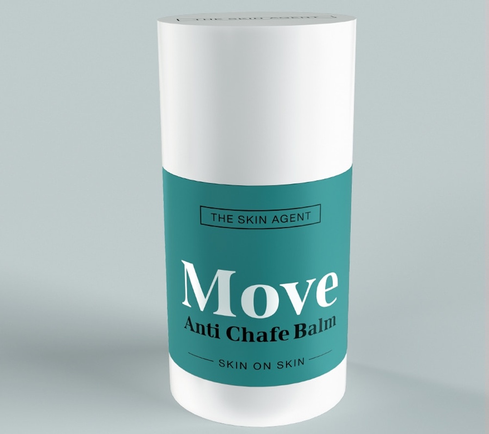 Product image of Move Anti Chafe Balm from The Skin Agent with background. 