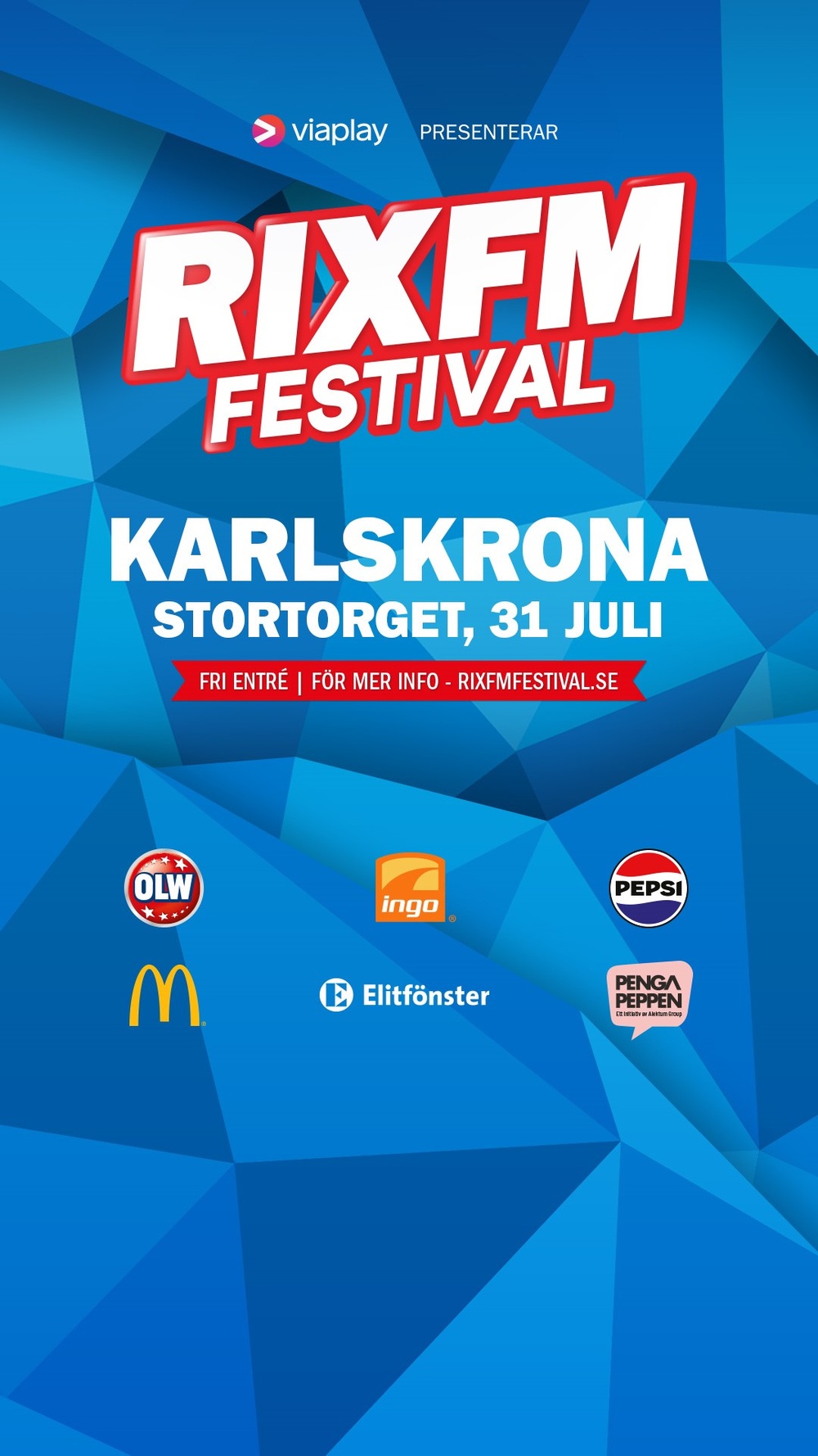 Affisch för Karlskrona med RIX FM Festivals logo samt sponsorer.