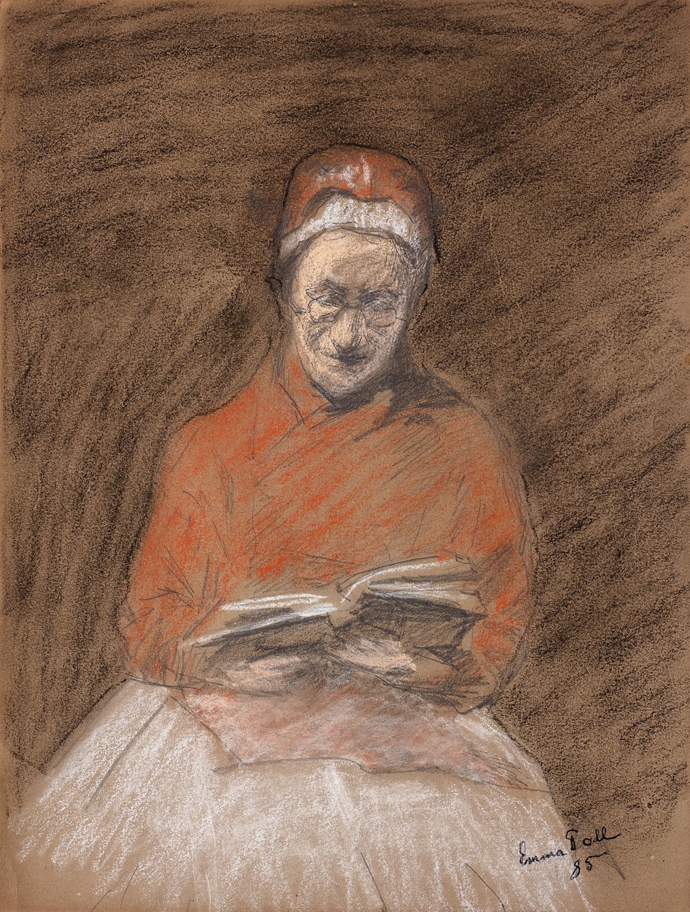 Konstverk av Emma Toll. Bild på läsande kvinna. 