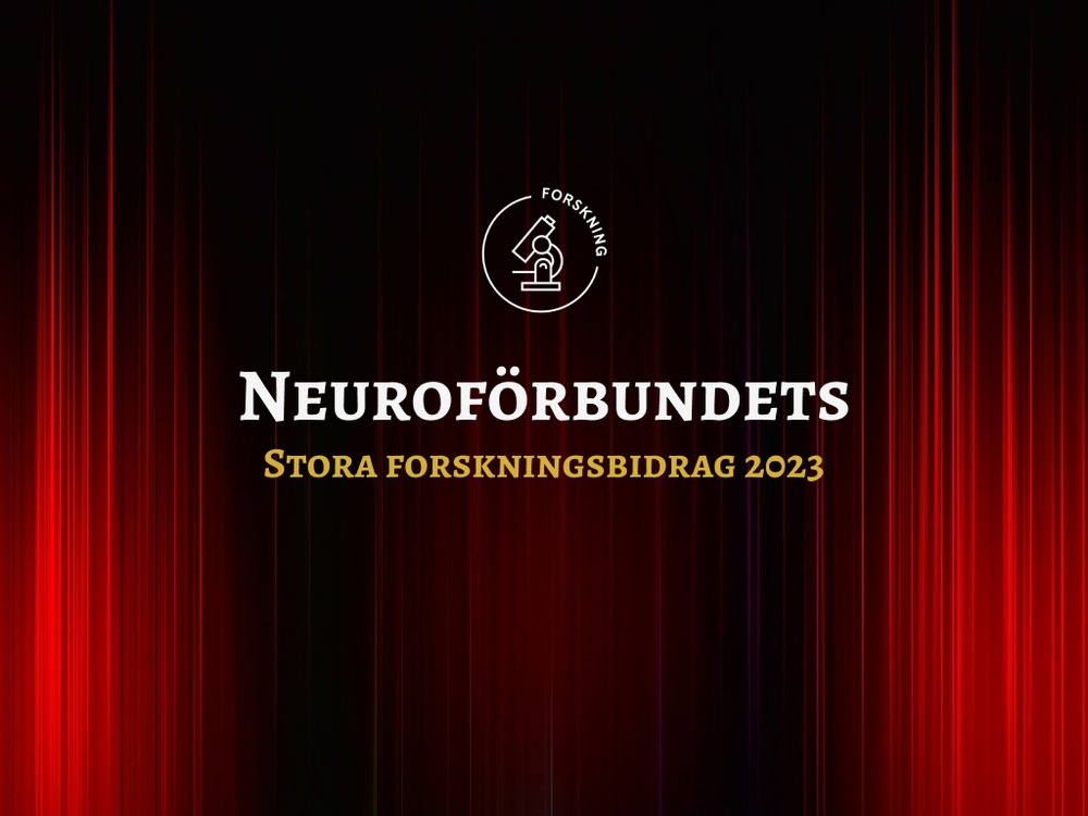 Bild på en filmduk där det står Neuroförbundets stora forskningsbidrag 2023